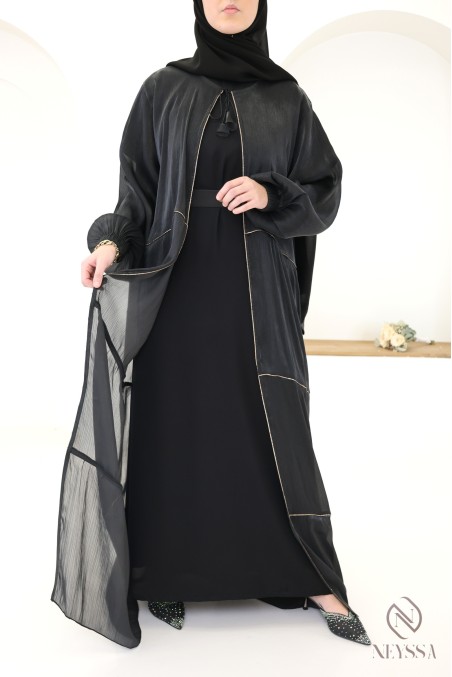 Abaya kimono Dubaï femme, 3 pièces avec hijab inclus en organza
