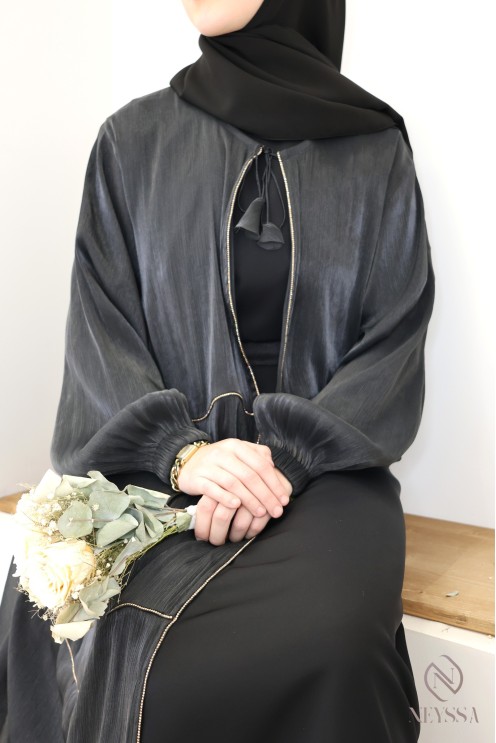 Abaya kimono Dubaï femme, 3 pièces avec hijab inclus en organza