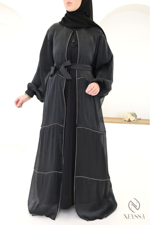 Abaya kimono Dubaï femme, 3 pièces avec hijab inclus en organza