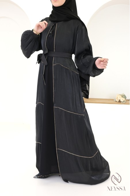 Abaya kimono Dubaï femme, 3 pièces avec hijab inclus en organza