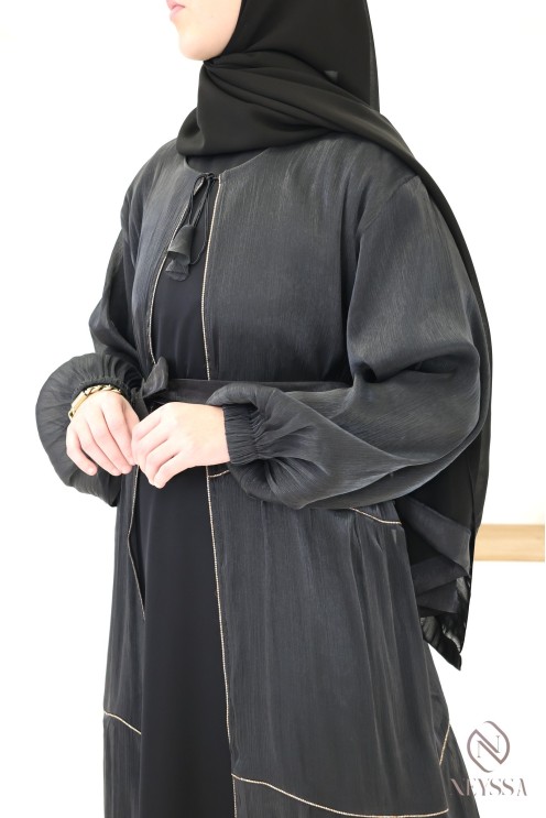 Abaya kimono Dubaï femme, 3 pièces avec hijab inclus en organza