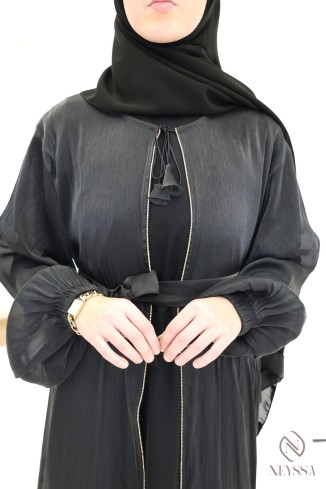 Abaya kimono Dubaï femme, 3 pièces avec hijab inclus en organza 2