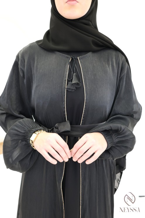 Abaya kimono Dubaï femme, 3 pièces avec hijab inclus en organza