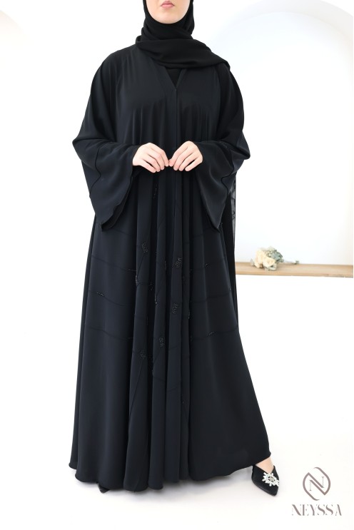 Abaya Dubaï Noir femme musulmane, coupe évasée avec perlages, hijabi