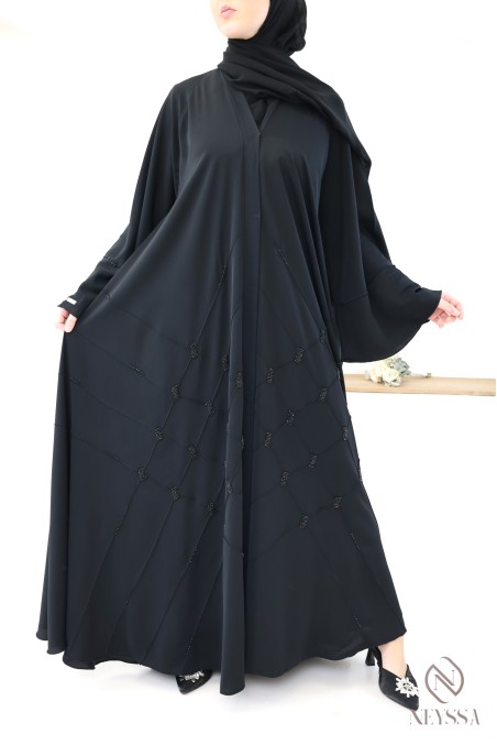 Abaya Dubaï Noir femme musulmane, coupe évasée avec perlages, hijabi