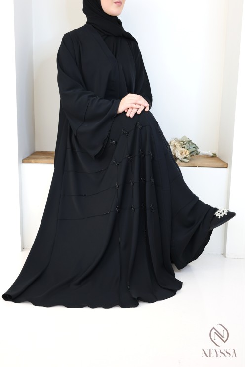 Abaya Dubaï Noir femme musulmane, coupe évasée avec perlages, hijabi