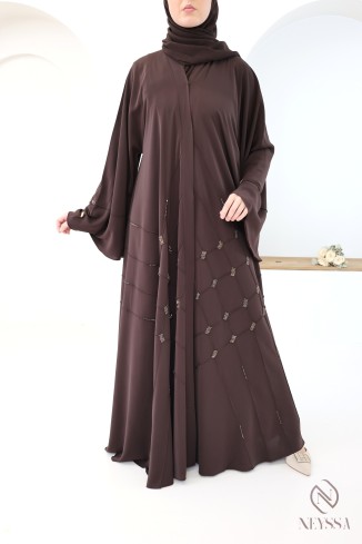 Luxury Dubai kimono abaya with brown beading for women for Eid 2