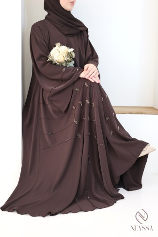 Abaya kimono de luxe Dubaï avec perlages browny pour femme pour l'Aïd