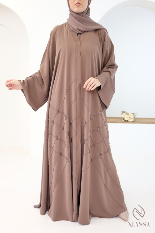 Abaya Kimono Dubai schokoladenbraun mit Perlenstickerei