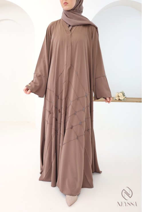 Chocolate Dubai kimono abaya with beading and flared cut for hijabis