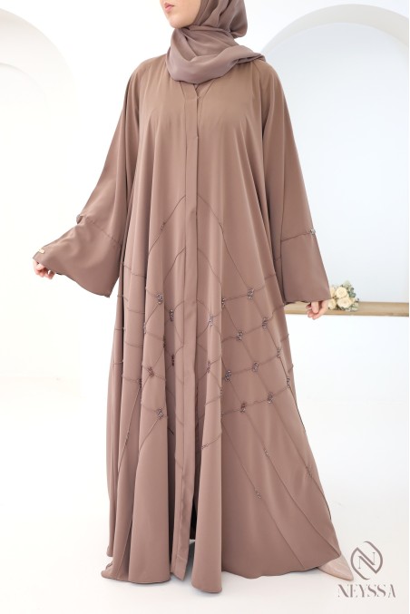 Abaya Kimono Dubai schokoladenbraun mit Perlenstickerei