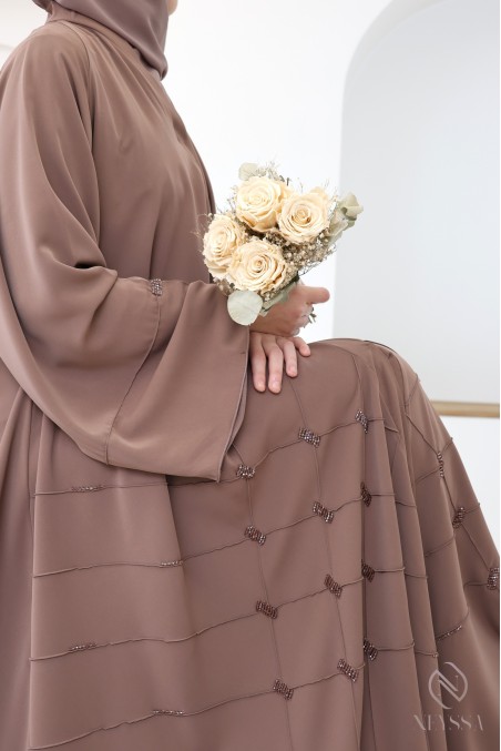 Chocolate Dubai kimono abaya with beading and flared cut for hijabis