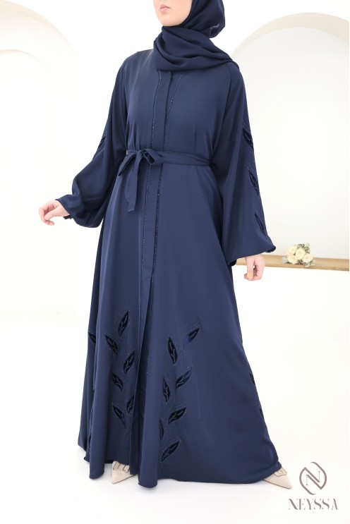 Schicke Kimono-Abaya Dubai mit Stickerei aus nachtblauem Samt