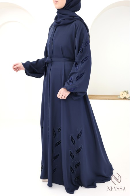 Schicke Kimono-Abaya Dubai mit Stickerei aus nachtblauem Samt