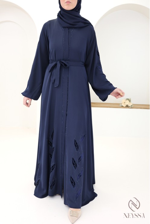 Schicke Kimono-Abaya Dubai mit Stickerei aus nachtblauem Samt