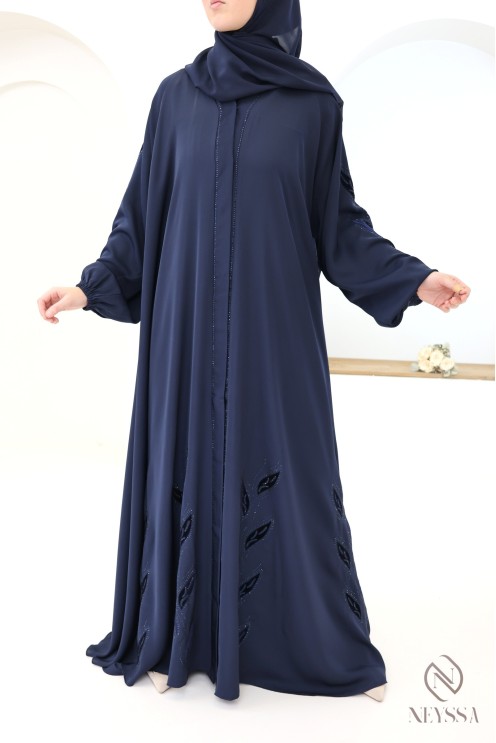 Schicke Kimono-Abaya Dubai mit Stickerei aus nachtblauem Samt