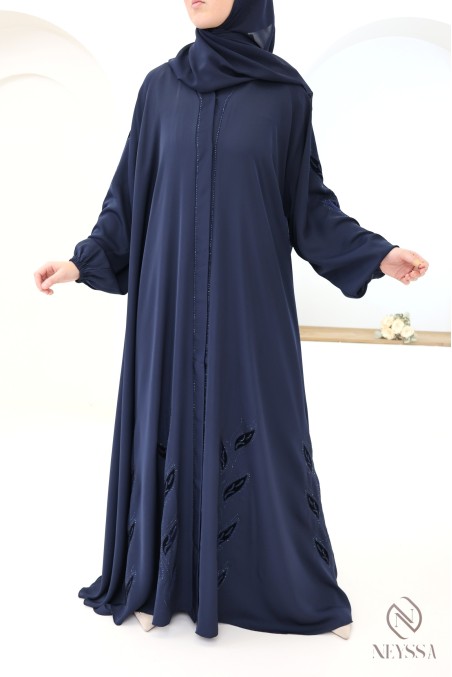 Chic Dubai kimono abaya with midnight blue velvet embroidery