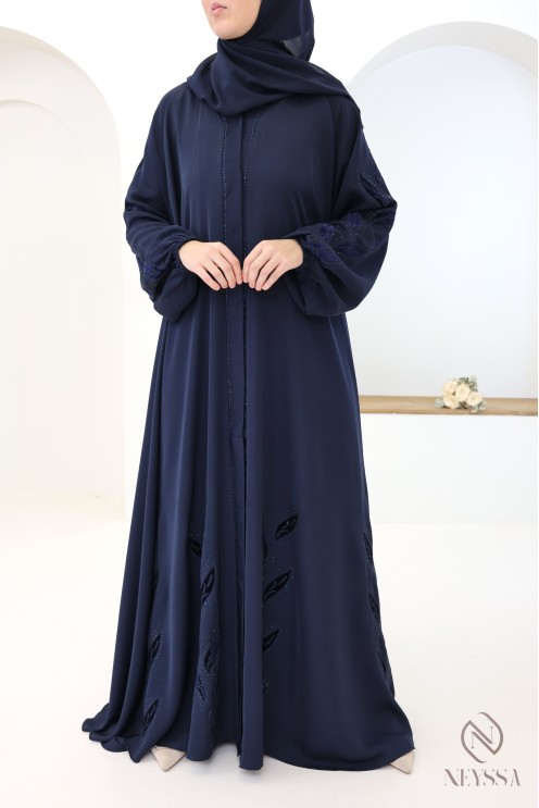 Chic Dubai kimono abaya with midnight blue velvet embroidery