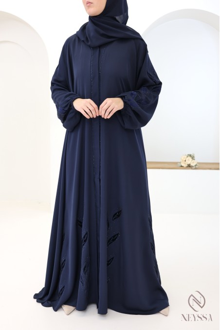 Abaya kimono Dubaï chic avec broderie en velours bleu nuit