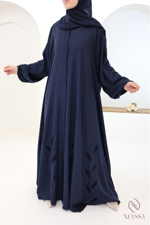 Abaya kimono Dubaï chic avec broderie en velours bleu nuit