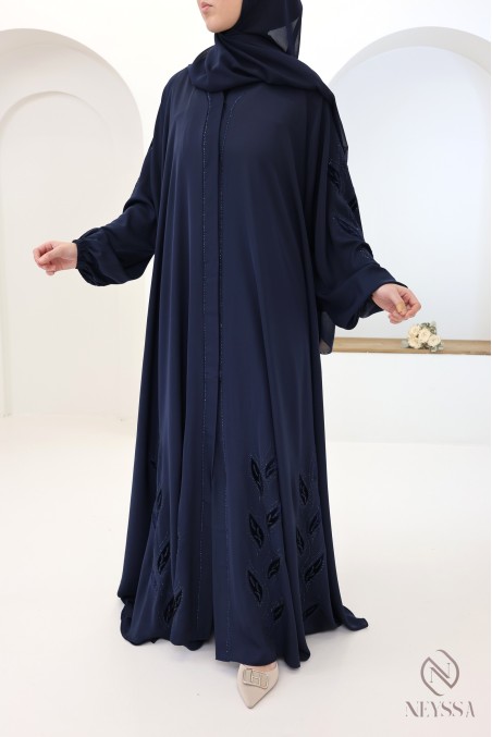 Schicke Kimono-Abaya Dubai mit Stickerei aus nachtblauem Samt