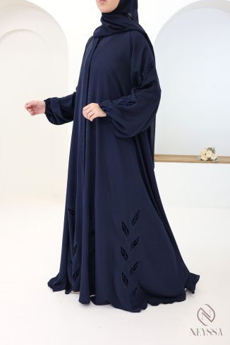 Schicke Kimono-Abaya Dubai mit Stickerei aus nachtblauem Samt