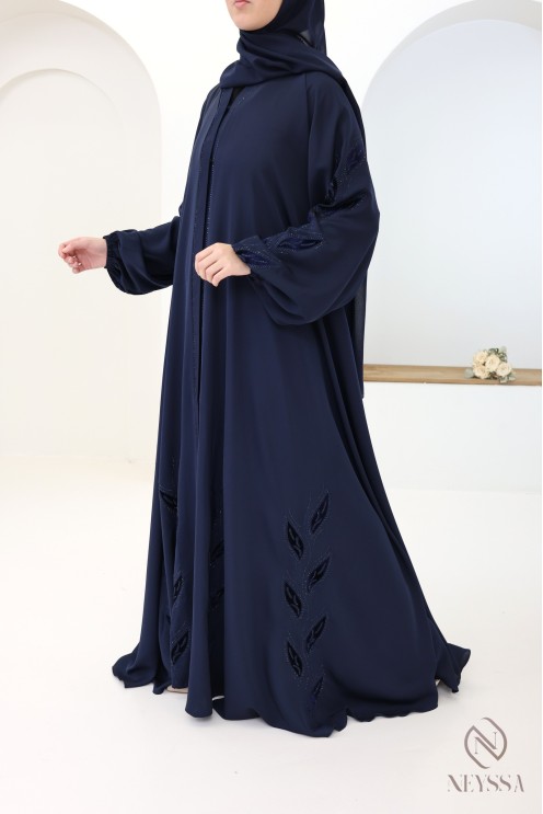 Chic Dubai kimono abaya with midnight blue velvet embroidery