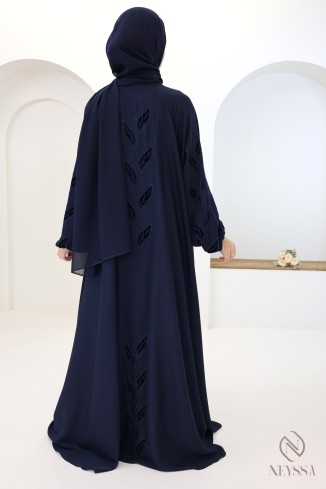 Abaya kimono Dubaï chic avec broderie en velours bleu nuit 2