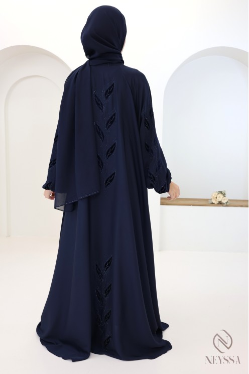 Abaya kimono Dubaï chic avec broderie en velours bleu nuit