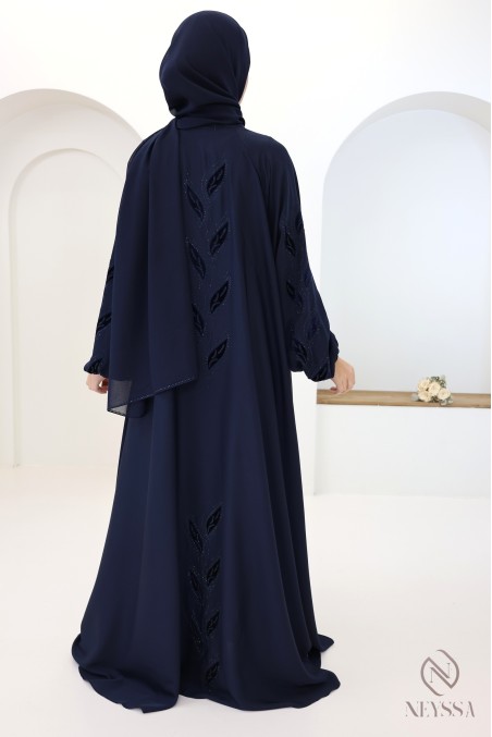 Abaya kimono Dubaï chic avec broderie en velours bleu nuit