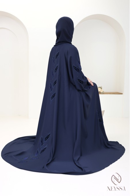 Abaya kimono Dubaï chic avec broderie en velours bleu nuit