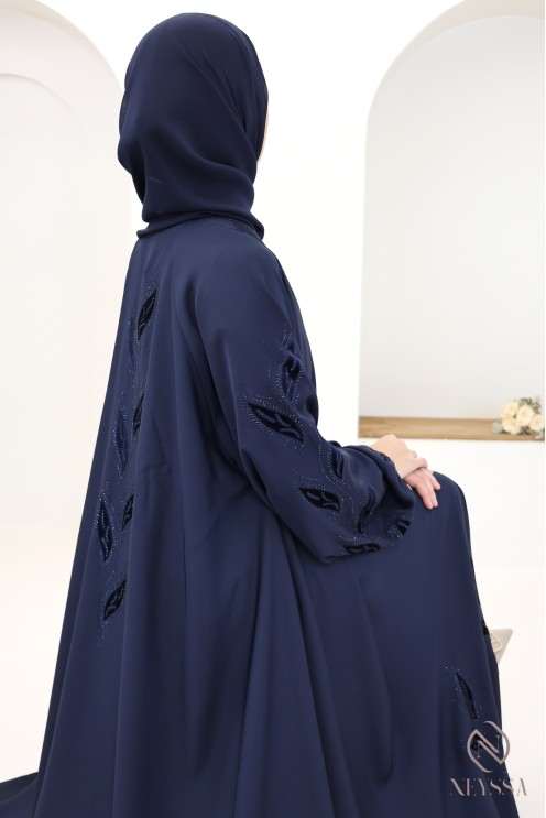 Abaya kimono Dubaï chic avec broderie en velours bleu nuit