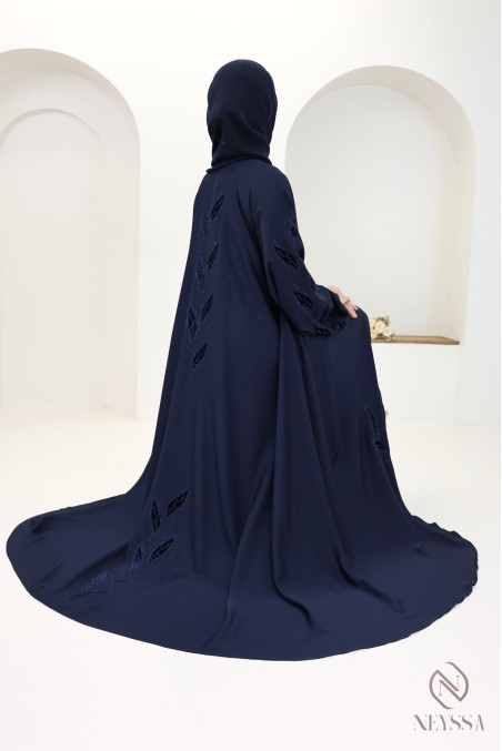 Chic Dubai kimono abaya with midnight blue velvet embroidery
