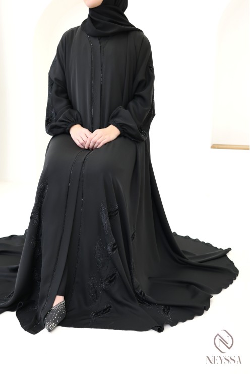 Abaya kimono Dubaï à strass et broderie florale en velours femme hijabi