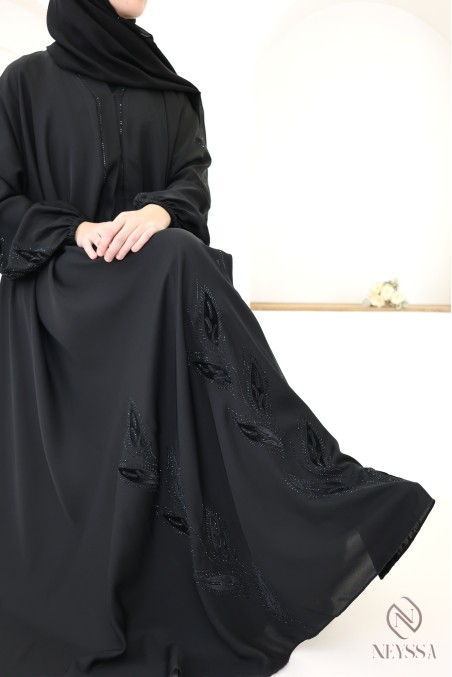 Abaya kimono Dubaï à strass et broderie florale en velours femme hijabi