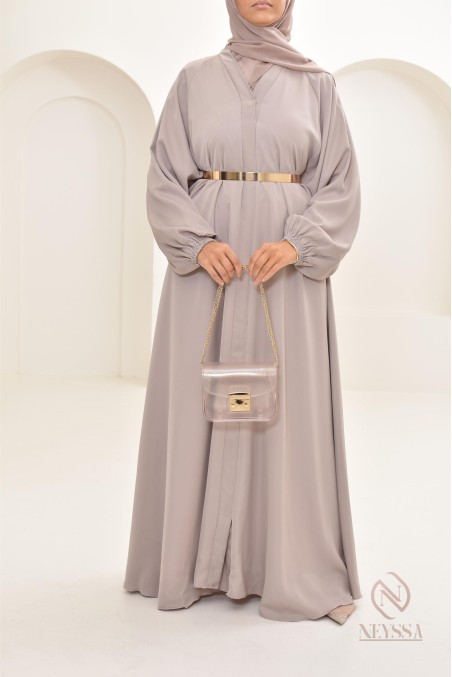 Long nude Dubai abaya for modern veiled women, hijab included