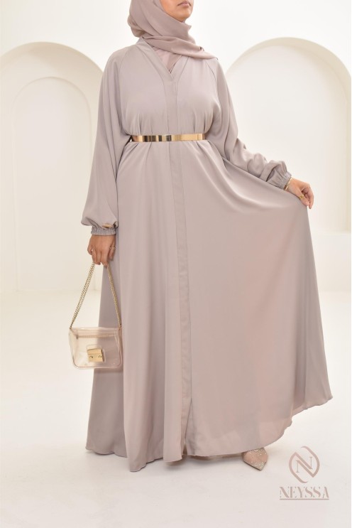 Long nude Dubai abaya for modern veiled women, hijab included