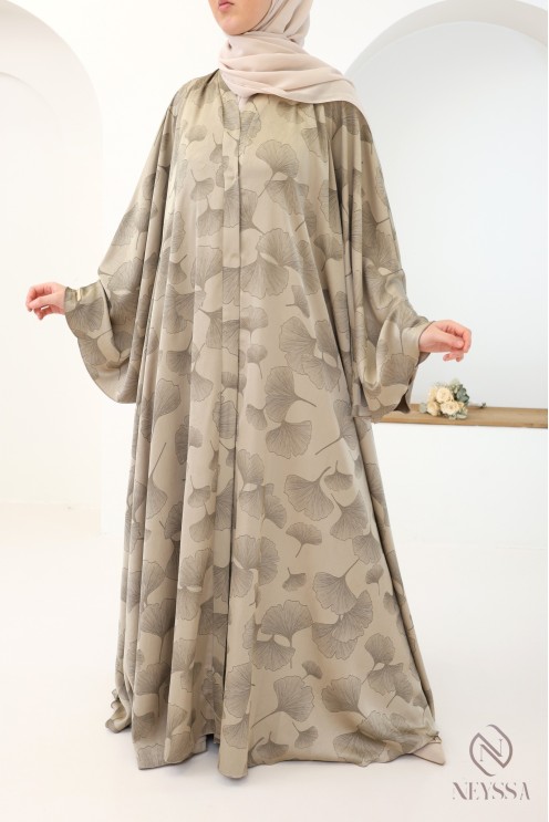 Dubai 3-piece kimono abaya with taupe foliage pattern for veiled women