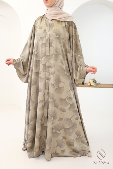 Abaya kimono Dubaï 3 pièces motifs feuillage taupe pour femme voilée