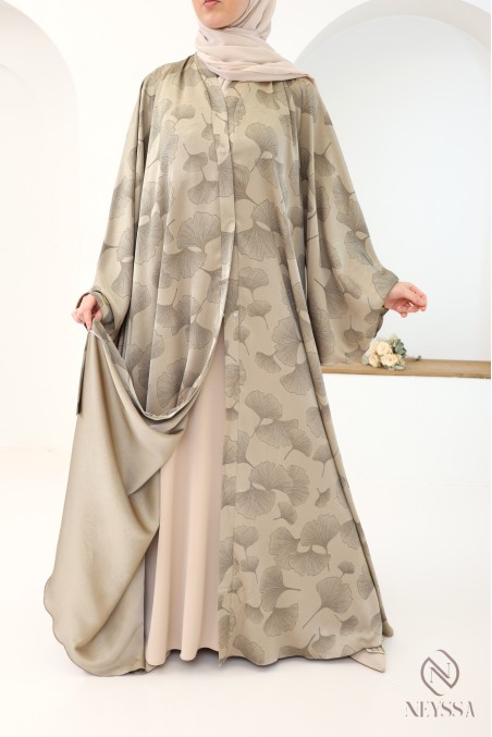 Abaya kimono Dubaï 3 pièces motifs feuillage taupe pour femme voilée