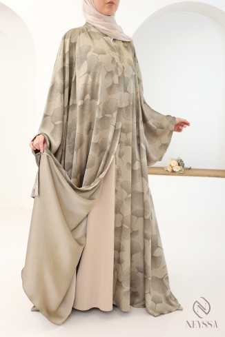 Dubai 3-piece kimono abaya with taupe foliage pattern for veiled women