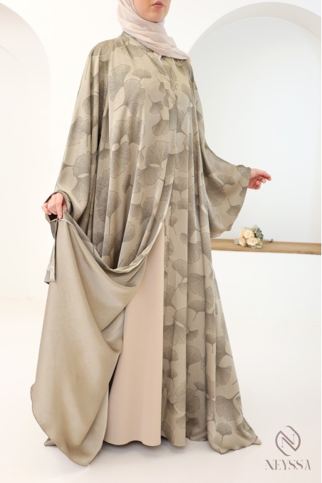 3-teilige Kimono-Abaya Dubai mit taupefarbenen Blattmotiven