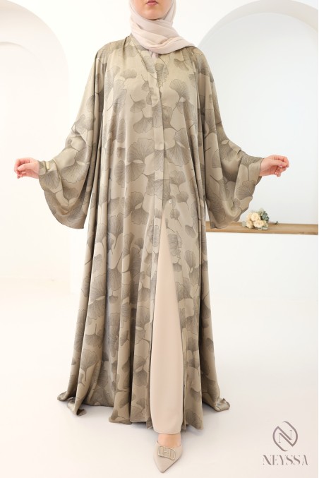 3-teilige Kimono-Abaya Dubai mit taupefarbenen Blattmotiven