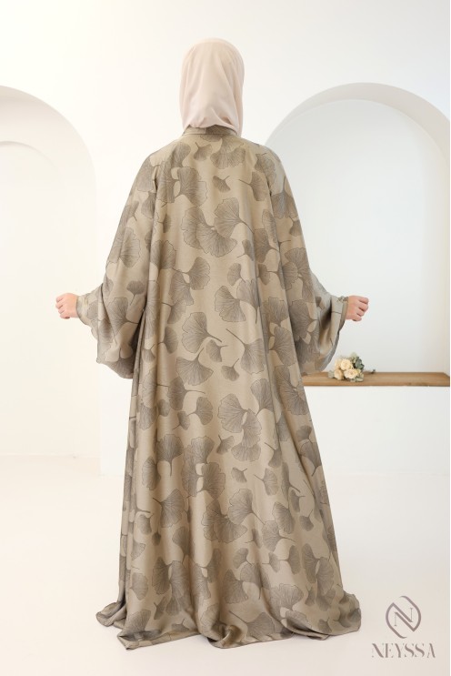 3-teilige Kimono-Abaya Dubai mit taupefarbenen Blattmotiven