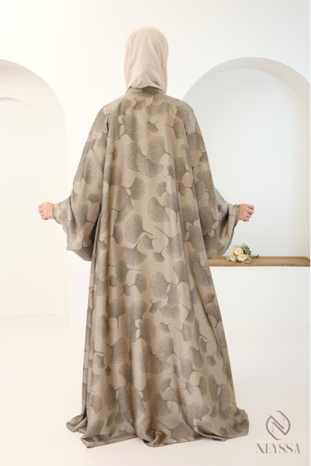 3-teilige Kimono-Abaya Dubai mit taupefarbenen Blattmotiven