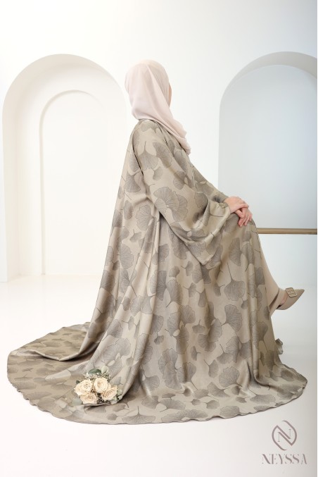 Dubai 3-piece kimono abaya with taupe foliage pattern for veiled women