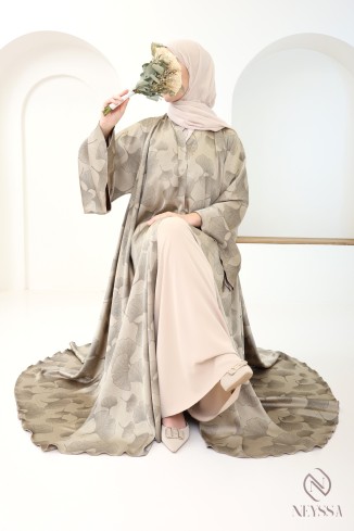 Abaya kimono Dubaï 3 pièces motifs feuillage taupe pour femme voilée 2