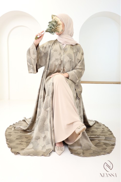Abaya kimono Dubaï 3 pièces motifs feuillage taupe pour femme voilée