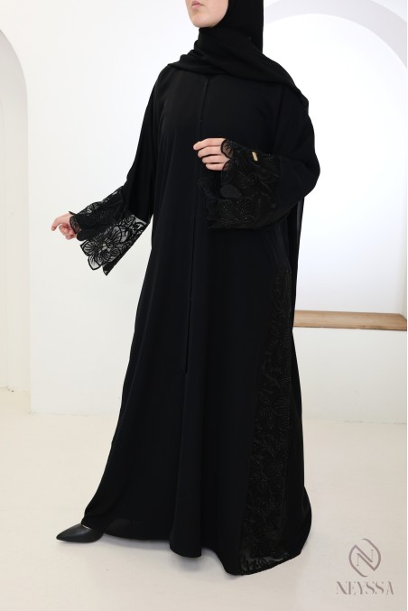 Abaya Dubaï kimono de luxe avec broderie tendance chic noir femme