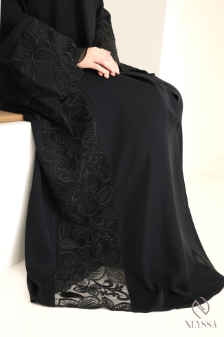 Abaya Dubaï kimono de luxe avec broderie tendance chic noir femme 2